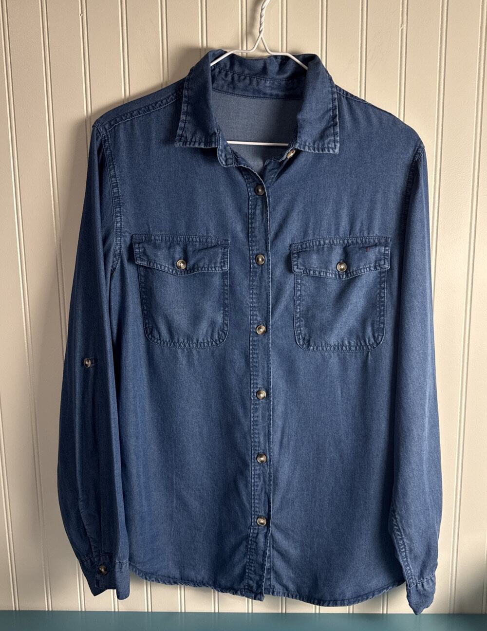 denim shirt women small blue Lyocell boho coastal grandma casual timeless basic